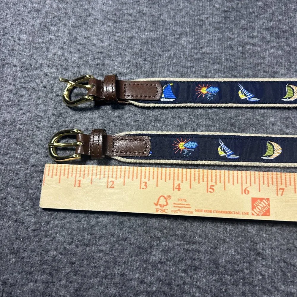 Vintage Kids Sailboat Belt Canvas Embroidered Navy Blue Brass Buckle XS Lot of 2